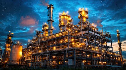 A brightly illuminated industrial complex at dusk showcases advanced machinery and pipes, ideal for use in discussions about energy production, engineering, or environmental impact,