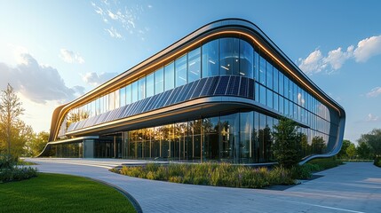 Fototapeta premium Modern architectural design featuring a sleek glass building with solar panels and landscaped surroundings, ideal for themes on sustainability, innovation, and urban development,