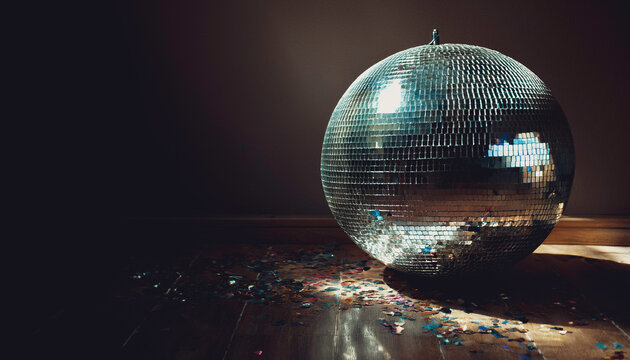 Giant silver disco ball mirror ball on wooden dance floor with scattered colourful confetti in old opulent heritage building, luxury retro style