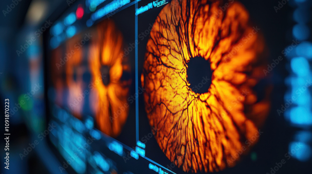 Poster glaucoma. a close-up of vibrant eye images displayed on a monitor, showcasing intricate patterns and