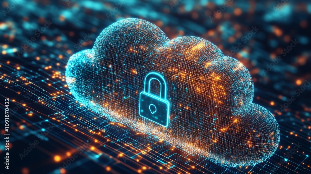 Poster A digital representation of a cloud with a padlock, illustrating the concepts of cybersecurity and data protection.