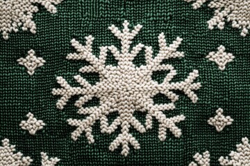 White snowflake pattern on green knit fabric background for winter decoration and holiday designs