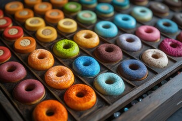 Fototapeta premium Colorful mini donuts organized in a wooden box, creating a vibrant food display