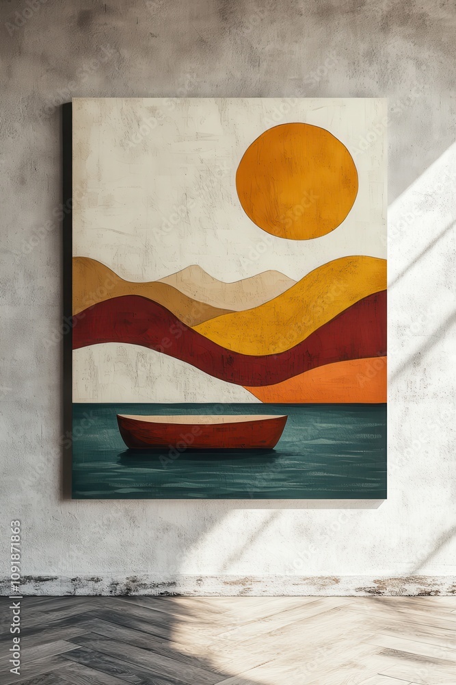 Poster serene minimalist boho artwork with a small boat reflecting under a large sun amidst colorful abstra