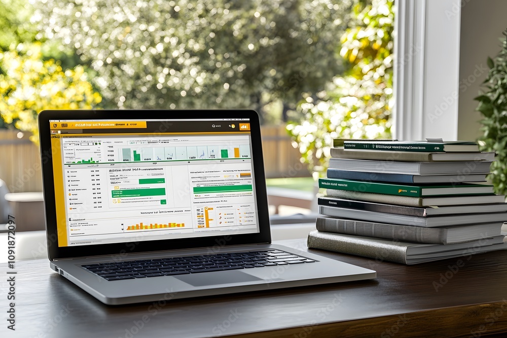 Poster a laptop displaying data analytics on a desk with books and a garden view.