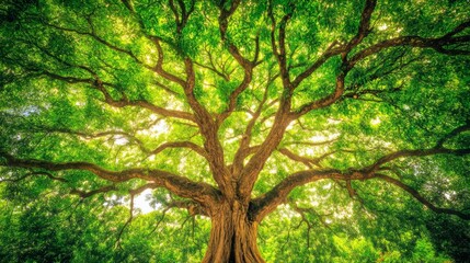 Obraz premium Majestic, lush green tree canopy viewed from below.