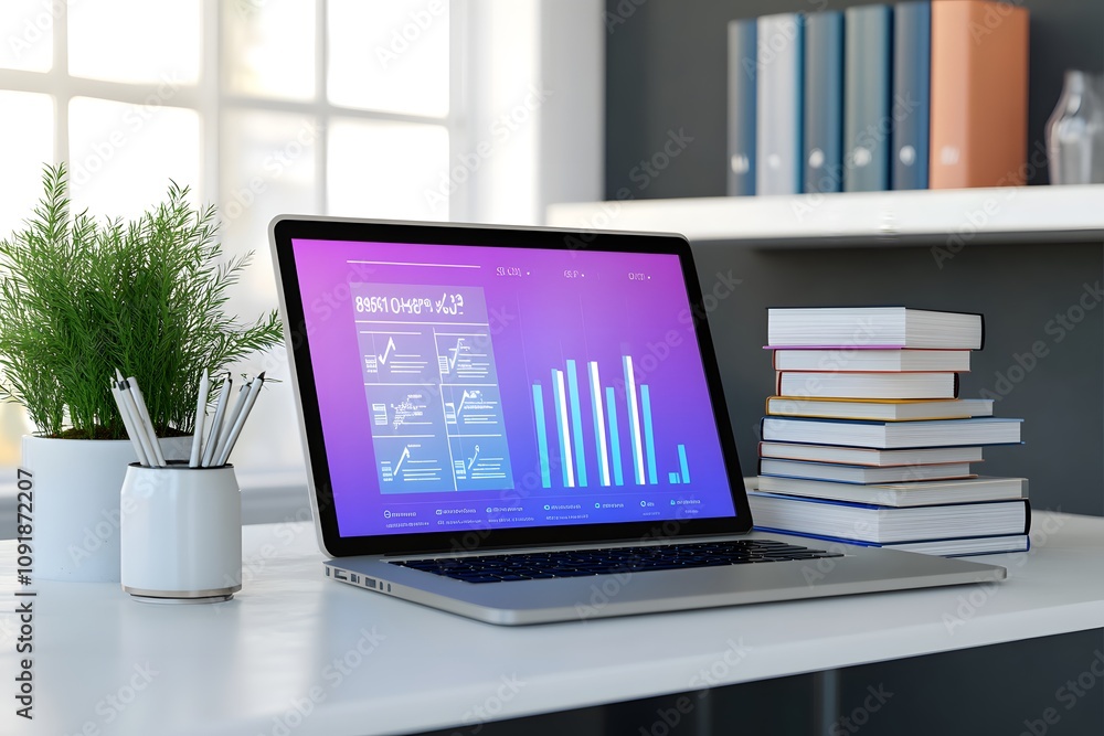 Poster a laptop displaying data analytics on a desk with books and a plant.