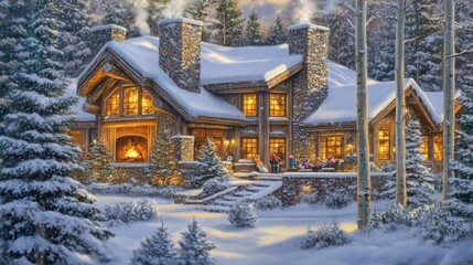 A Cozy Mountain Cabin Winter Scene Family Gathering