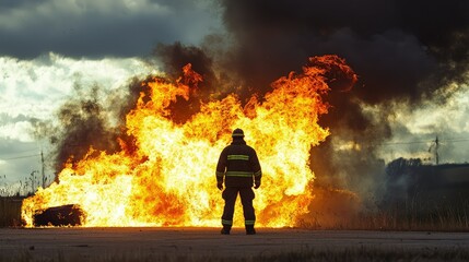 High Quality Stock Photo of a Firefighter Standing Resolutely Against a Backdrop of Flames and Smoke, Capturing the Intensity of Firefighting in Action at Gigapixel Standard Scale