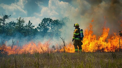 Fototapeta premium Brave Firefighter Battling Intense Wildfire Amidst Thick Smoke and Flaming Landscape, Capturing the Courage and Dedication of First Responders in Emergency Situations