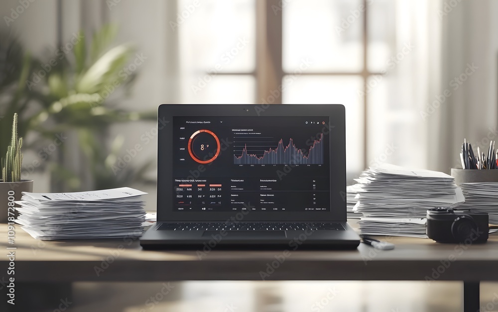 Poster a laptop displaying data analytics on a desk with paperwork and a camera nearby.
