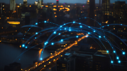 Obraz premium Smart digital Innovation Business skyscrapers in the Financial District with connection network reciprocity over the cityscape. of future smart wireless digital city and social media networking