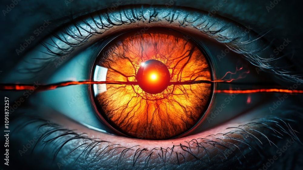 Poster glaucoma. a close-up of an eye with a striking orange iris and a glowing center, surrounded by intri