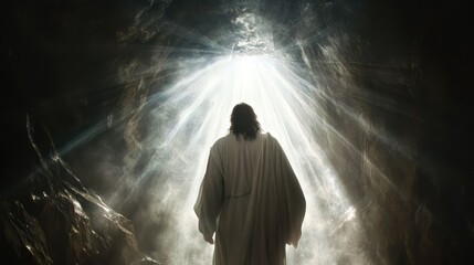 Obraz premium A Spiritual Encounter Depicting Jesus in a Heavenly Light with Righteous Spirits After Life in a Majestic Cave Setting