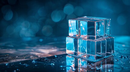 Transparent ice cubes with water reflections
