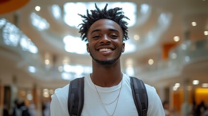 Fototapeta premium A joyful student athlete with afrotextured hair, radiating youth while wearing a backpack in a bright indoor space.