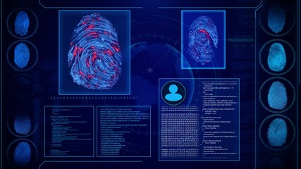 futuristic Biometric fingerprint scan with digital blueprint interface concept of security, modern biometrics in technology. High-tech identification and access control cyber security technology 3D 4K - Powered by Adobe