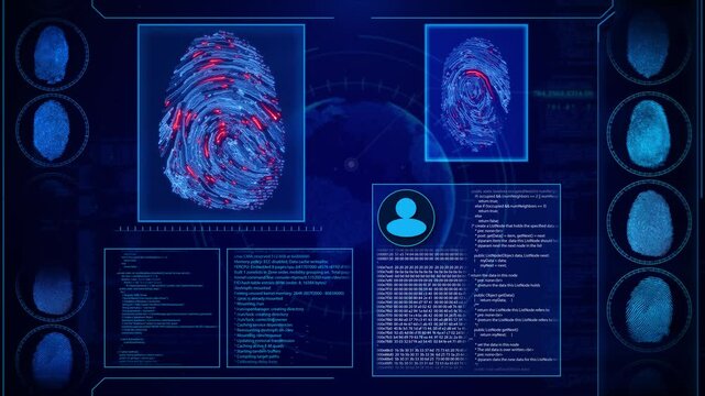futuristic Biometric fingerprint scan with digital blueprint interface concept of security, modern biometrics in technology. High-tech identification and access control cyber security technology 3D 4K