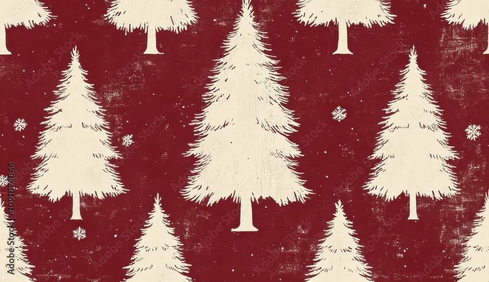 Poster elegant pattern of christmas trees in white on a dark red background with falling snowflakes