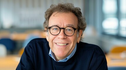 Obraz premium An older man in glasses smiles warmly, radiating wisdom and leadership in a softfocus office backdrop.