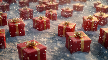A snowy background with red presents scattered