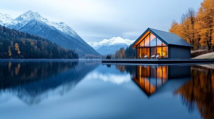Obraz premium Cozy mountain cabin by a lake, golden autumn forest surrounding, reflection of mountains in the water, ideal for tranquil travel experiences ad