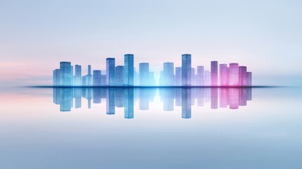 Obraz premium Futuristic Skyline Reflection on Tranquil Waters at Sunrise