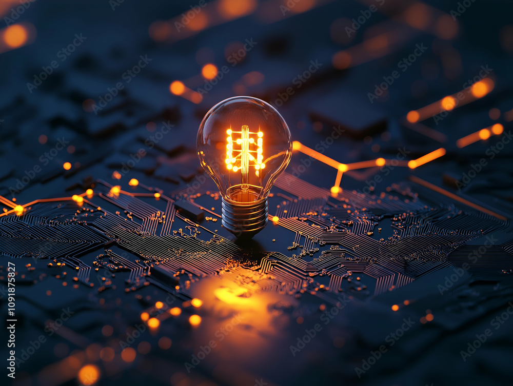 Poster a glowing light bulb on a circuit board, symbolizing innovation and technology in the digital age wi