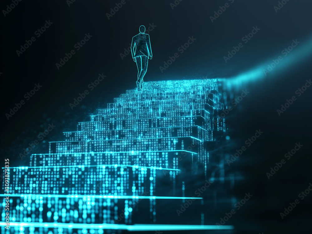 Poster a digital figure ascends glowing, pixelated stairs, surrounded by streams of binary code, symbolizin