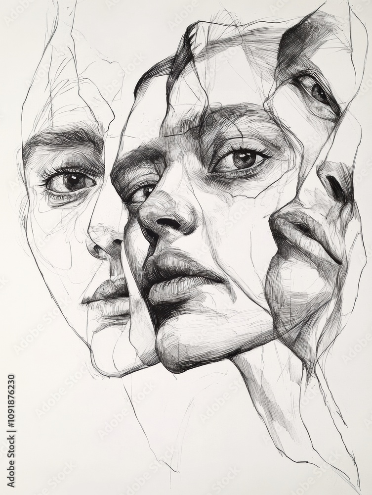 Fototapete dynamic black and white ink drawings of faces reveal strong emotions through shadows and expressive 