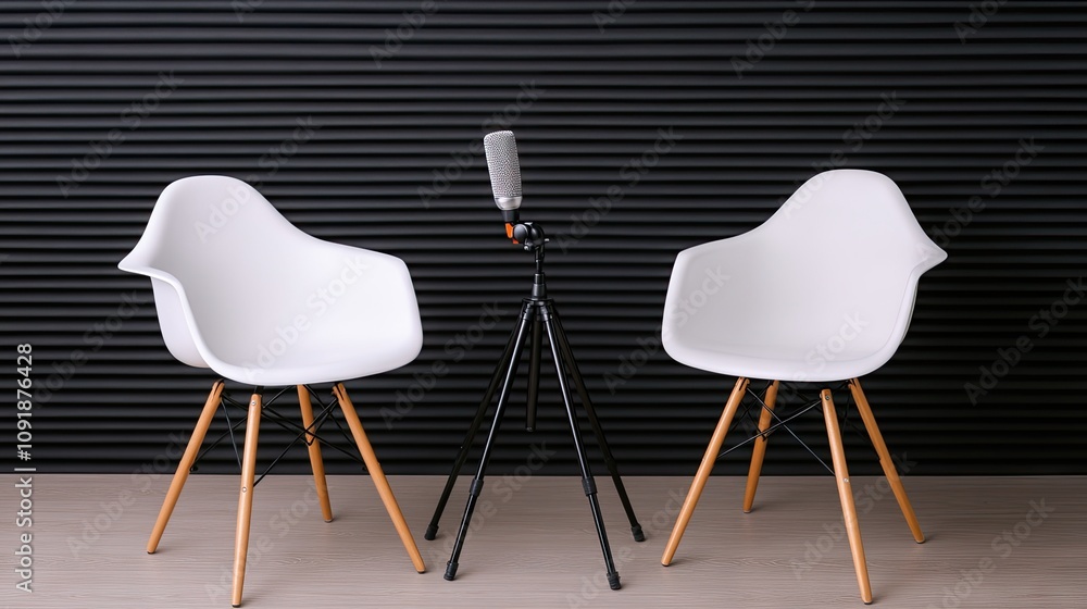 Poster engaging conversation setup in a modern podcast studio with two stylish chairs and a microphone read