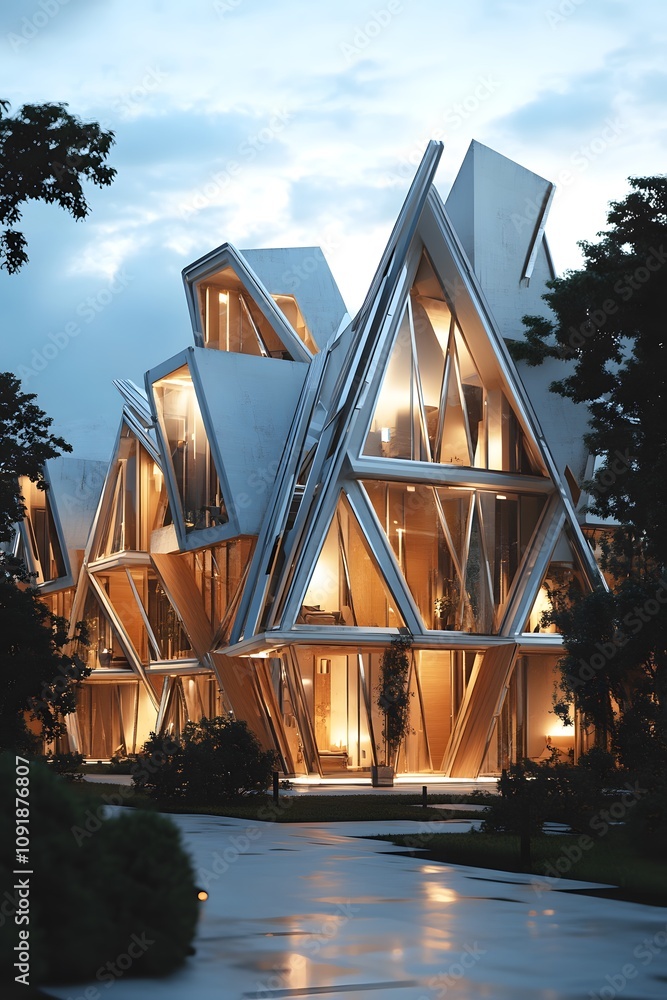 Poster a modern architectural structure with angular designs and warm lighting, set against a twilight sky.
