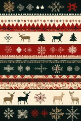 A festive collection of Christmas-themed horizontal stripes featuring holly, reindeer, trees, and snowflakes