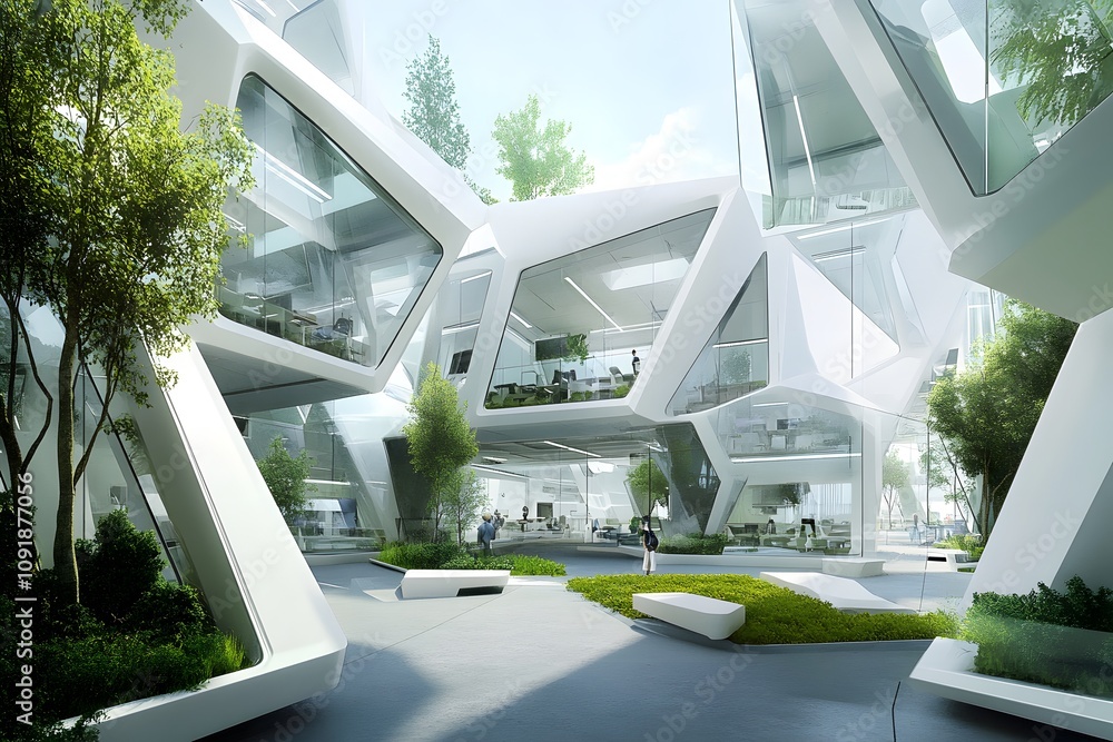 Poster a futuristic architectural complex featuring angular shapes and greenery, designed for collaboration