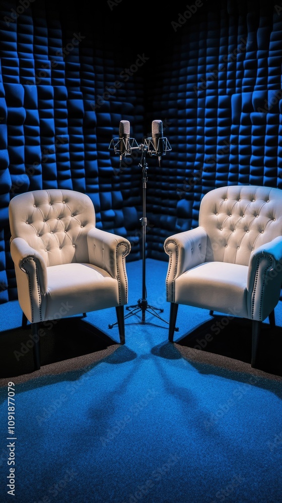 Poster podcast studio with elegant decor and professional audio setup creating an inviting atmosphere for e