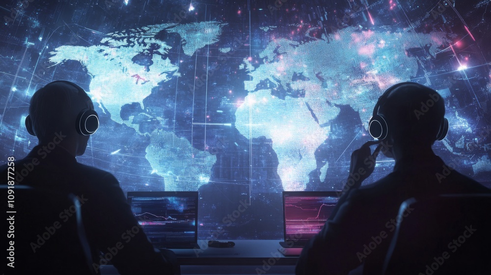 Aufkleber Two analysts are seated in a modern control center, focused on multiple screens displaying a digital map of the world.