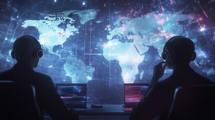 Two analysts are seated in a modern control center, focused on multiple screens displaying a digital map of the world.