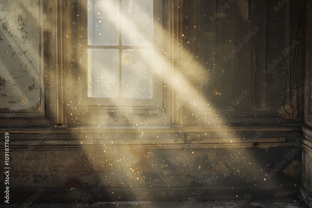 Aufkleber golden rays of sunlight filter through a weathered window, casting light on floating dust particles 