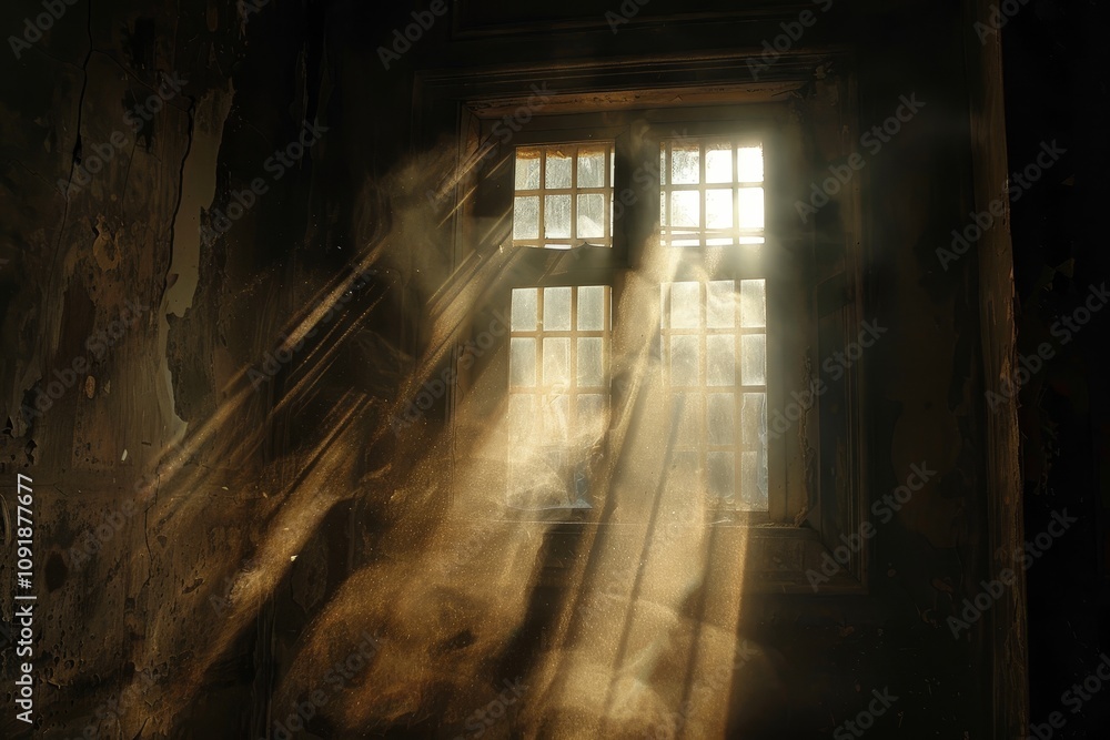 Aufkleber sunlight filters through a dusty, partially open window in a forgotten room, casting rays of warmth 