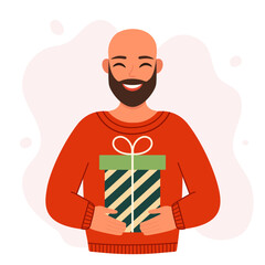Young bald bearded man holding a gift. Christmas design. Vector simple flat illustration