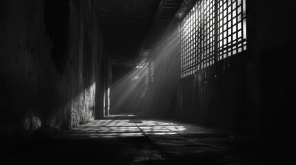 Sunbeams illuminate a dark, grungy corridor.