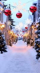 Festive winter alley adorned with Christmas lights and decorations in a serene snowy landscape