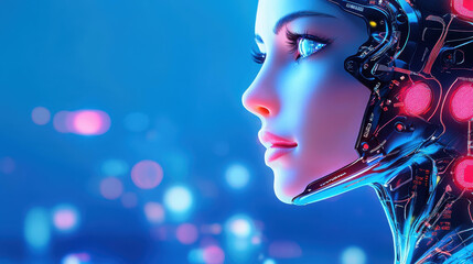 A stunning closeup of a female cyborg with intricate details, set against a soft, blurred background in a sleek D style.