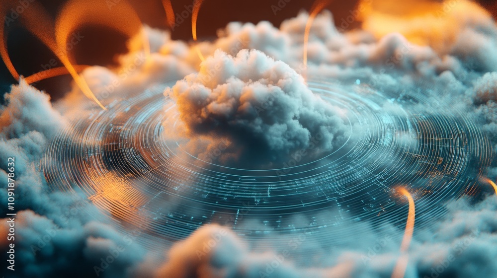 Poster A captivating display of swirling clouds reveals glowing energy patterns intertwined in a mystical atmosphere during twilight. The scene suggests a blend of nature and ethereal elements.