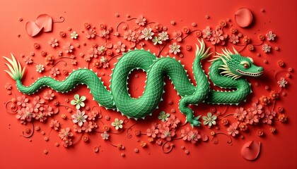 Obraz premium Paper dragon surrounded by flowers, vibrant mood, Chinese New Year celebration background