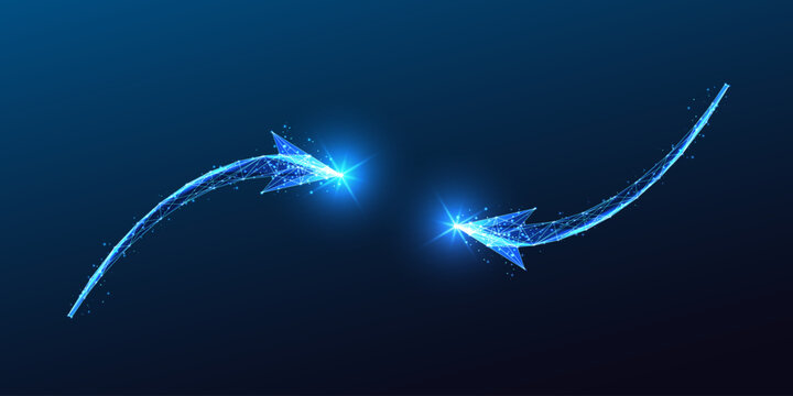 Two glowing curved arrows converge on dark blue background. Connection, digital innovation concept.