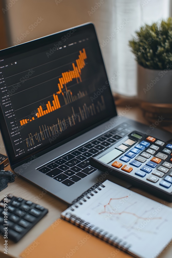 Poster a laptop displaying financial data alongside a calculator and notepad on a workspace.