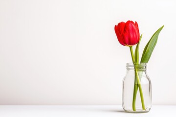 Obraz premium A vibrant red tulip in a clear glass vase with green leaves, set against a minimalist white background, adding a touch of elegance and freshness to the space.