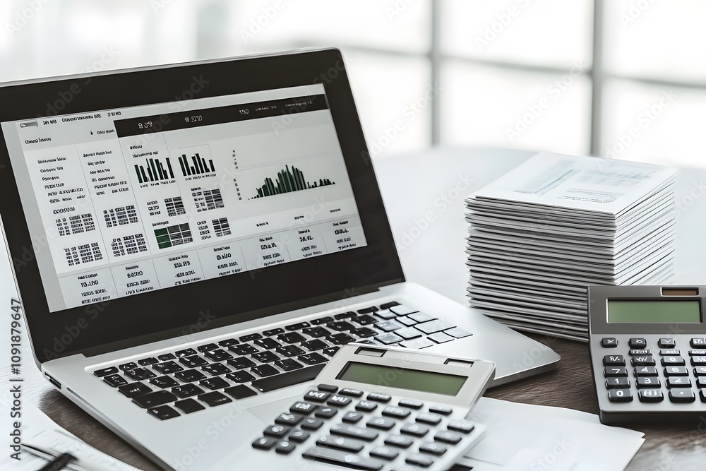 Poster a laptop displaying financial data beside stacks of documents and calculators.