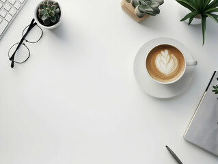 Office Deck and Office table hero image,&nbsp;Home office workspace mockup with laptop, clipboard, coffee cup. Office table top view hero image